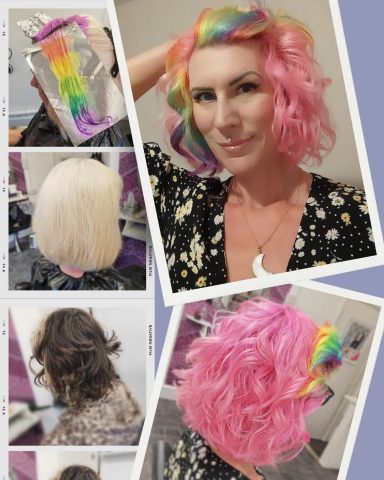 A collage of hairstyles featuring vibrant colours, including pink and rainbow accents.
