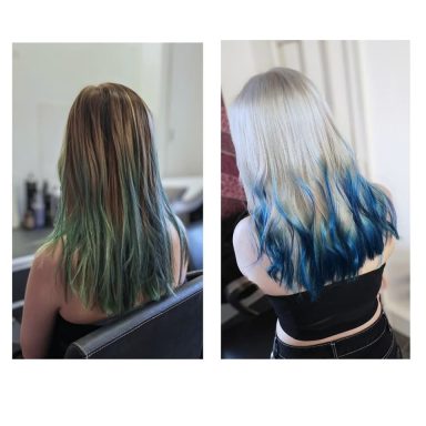 Side-by-side view of two hairstyles: one with green tips and the other with blue tips.
