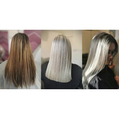 Three hair transformations showcasing different shades: brown, blonde, and silver.